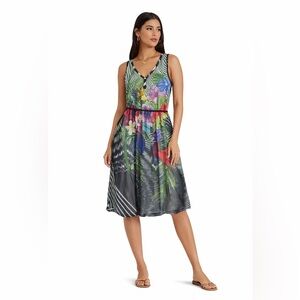 Desigual‎ Sleeveless Tropical Floral Stripe Dress Boho Multicolor Mesh Overlay
